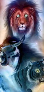 Majestic lion, tiger, and jaguar in artistic wallpaper design.