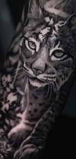 Black and white tattoo of a wild cat on arm.