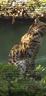 Wild cat in lush jungle setting with vivid green backdrop.