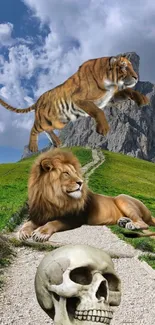 Lion resting on a path with a leaping tiger and a mountain backdrop.