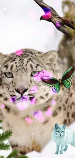 Snow leopard with butterfly and fox in nature scene.