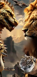 Fantasy wallpaper with lions, tiger, dragon, and nature.