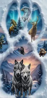 Wildlife scene in snow with wolves and mountains.