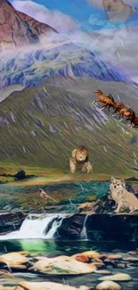 Majestic mountain landscape with wildlife including lion and wolf.