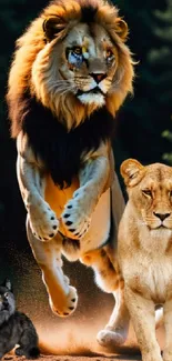 Majestic lion leading a lioness and a wolf in a vibrant wildlife scene.