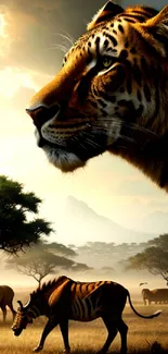 Mobile wallpaper of a majestic tiger overlooking a safari landscape.