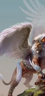 Majestic winged griffin on a rocky peak in fantasy art.