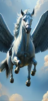 Winged horse soaring in bright sky, fantasy artwork.