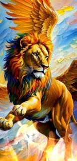 Majestic winged lion in colorful fantasy art.