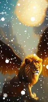 Majestic winged lion with snowflakes in a fantasy setting.