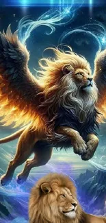 Majestic winged lion in fantasy scene with glowing celestial backdrop.