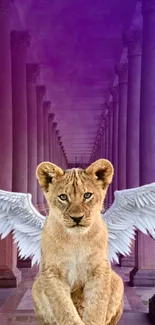 Lion cub with wings in purple hallway.