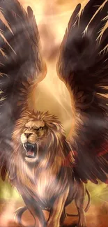 Majestic winged lion with bold brown wings in digital artwork.