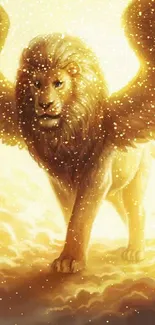 Winged lion soaring through golden clouds.