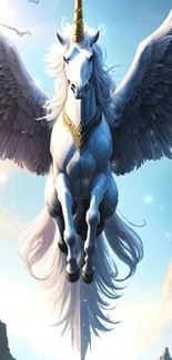 Fantasy mobile wallpaper with a winged unicorn soaring in the sky.