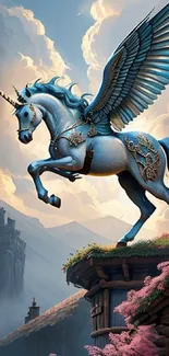 Winged unicorn with vibrant colors and magical fantasy landscape.