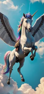 Majestic winged unicorn flying among vibrant clouds and blue sky.