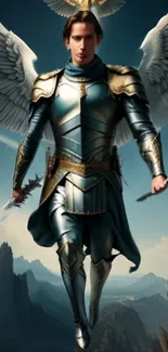 Winged warrior with sword in fantasy landscape.