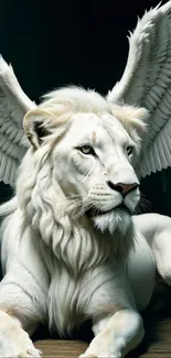 Majestic white lion with wings in a fantasy setting.