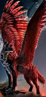 Majestic winged wolf with red feathers in fantasy art.