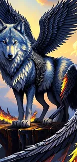 Winged wolf with fiery wings on a cliff against a sunset sky.