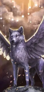 Winged wolf standing majestically in a mystical fantasy setting.