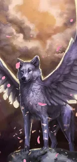 Majestic winged wolf amidst mystical clouds.