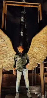 Man with golden wings at night city backdrop.