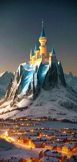 Snowy mountain castle with blue glow in night scene.