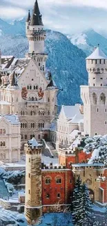 Majestic winter castle with snow-covered landscapes.