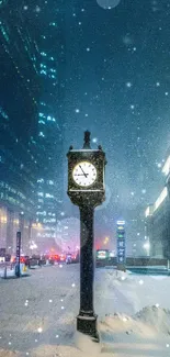 Snowy cityscape with vintage clock and falling snow at night.