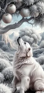 White dog in snowy scene with apples on a tree