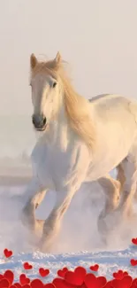 White horse in snow with red heart design.