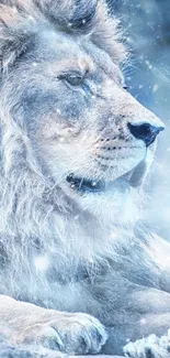 Majestic lion in snowy winter scene with cool blue tones.