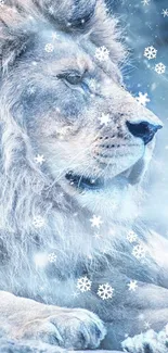 Majestic lion in a winter scene with falling snow.