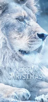 Majestic lion in snow with 'Merry Christmas' message.