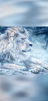 Majestic lion resting in a snowy winter setting, serene and powerful.