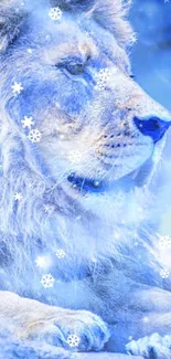 A majestic lion in soft blue with snowflakes creates a winter ambiance.