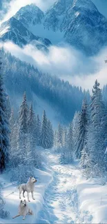 Snowy mountain path with wolves in winter forest.