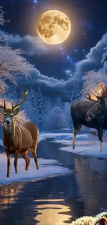 Winter night scene with moon, deer, and snowy landscape.
