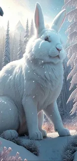 A majestic white rabbit in a snowy forest scene filled with winter charm.