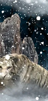 White tiger rests in snowy mountain landscape, surrounded by falling snow.