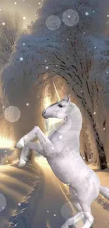 Majestic unicorn standing in snowy winter landscape under glowing sunset.