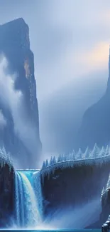 Majestic winter waterfall cascading between misty mountains in a serene landscape.