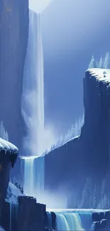 Majestic waterfall with snow-covered cliffs and a serene blue sky.