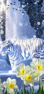 White tiger and birds in snowy landscape with flowers.