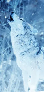 Majestic wolf howling in snowy forest wallpaper.