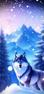 Majestic wolf in snowy winter forest with mountain backdrop.