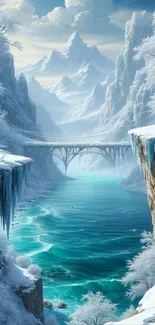 Majestic winter landscape with snowy mountains and a turquoise river.