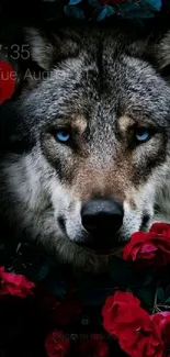 Wolf with blue eyes surrounded by red roses, perfect for a nature-themed wallpaper.